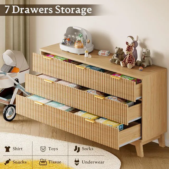 Alt view image 6 of 7 - 57" Long Dresser for Bedroom, 7-Drawer Fluted Chest, Wide Wood Storage Dresser with Metal Slides and Handles, Stable Base, Modern Clothes Organizer for Primary Suite, Guest Room, Nursery