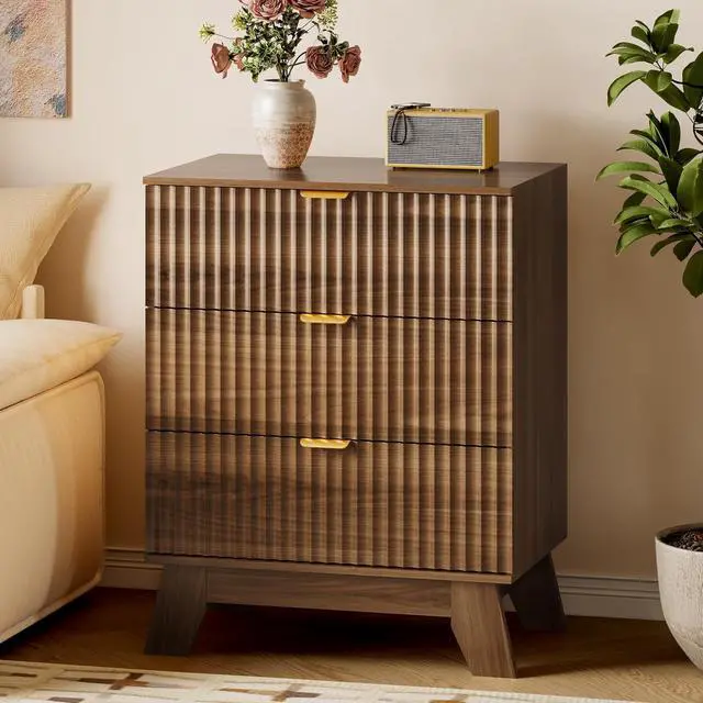 Main image of Fluted 3 Drawer Dresser, 30.3" Tall Compact Modern Boho Chest of Drawers, Wooden Storage Cabinet for Bedroom, Living Room, Entryway, Curved Profile Design