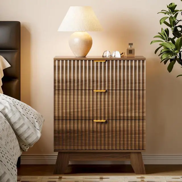 Alt view image 3 of 7 - Fluted 3 Drawer Dresser, 30.3" Tall Compact Modern Boho Chest of Drawers, Wooden Storage Cabinet for Bedroom, Living Room, Entryway, Curved Profile Design