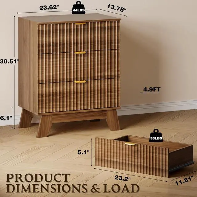 Alt view image 2 of 7 - Fluted 3 Drawer Dresser, 30.3" Tall Compact Modern Boho Chest of Drawers, Wooden Storage Cabinet for Bedroom, Living Room, Entryway, Curved Profile Design