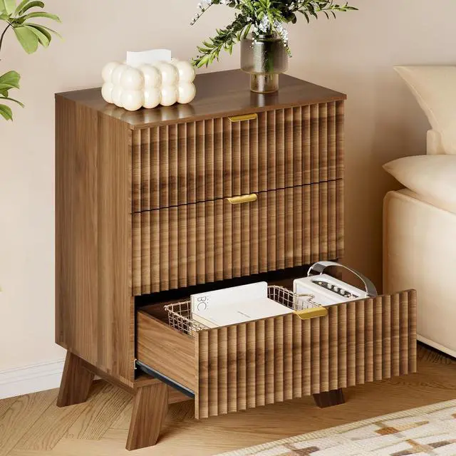 Alt view image 4 of 7 - Fluted 3 Drawer Dresser, 30.3" Tall Compact Modern Boho Chest of Drawers, Wooden Storage Cabinet for Bedroom, Living Room, Entryway, Curved Profile Design