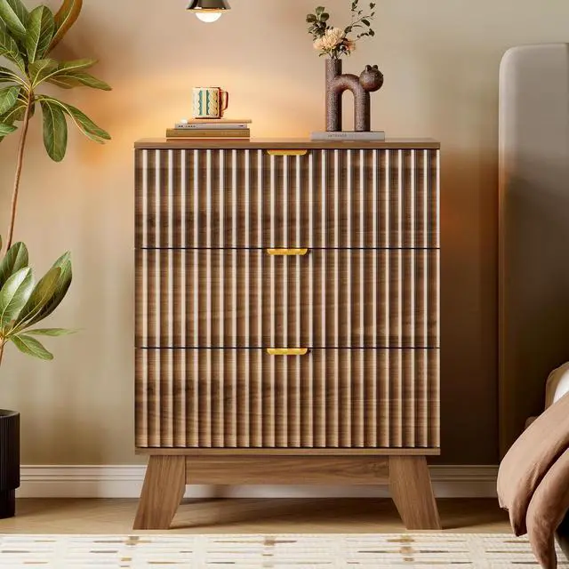 Alt view image 6 of 7 - Fluted 3 Drawer Dresser, 30.3" Tall Compact Modern Boho Chest of Drawers, Wooden Storage Cabinet for Bedroom, Living Room, Entryway, Curved Profile Design