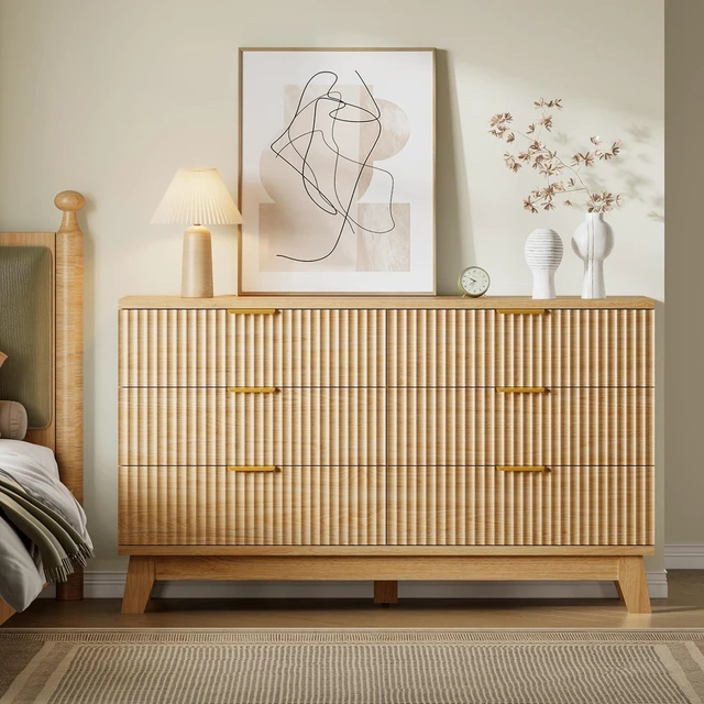 Alt view image 4 of 7 - 53" Long Dresser for Bedroom, 6-Drawer Dresser with Fluted Fronts, Wide Wood Chest of Drawers, Smooth Metal Slides, Stable Base, Modern Clothes Storage Cabinet for Living Room, Hallway