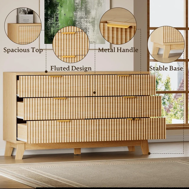 Alt view image 5 of 7 - 53" Long Dresser for Bedroom, 6-Drawer Dresser with Fluted Fronts, Wide Wood Chest of Drawers, Smooth Metal Slides, Stable Base, Modern Clothes Storage Cabinet for Living Room, Hallway