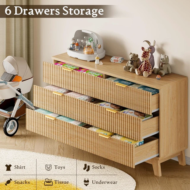 Alt view image 6 of 7 - 53" Long Dresser for Bedroom, 6-Drawer Dresser with Fluted Fronts, Wide Wood Chest of Drawers, Smooth Metal Slides, Stable Base, Modern Clothes Storage Cabinet for Living Room, Hallway