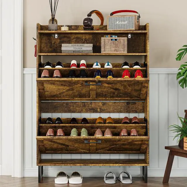 Alt view image 7 of 7 - Shoe Cabinet with 2 Flip Drawers Narrow Shoe Storage Cabinet Organizer Wooden Freestanding Rack Hidden Slim Storage for Entryway, Hallway, Living Room, Bedroom (Brown)