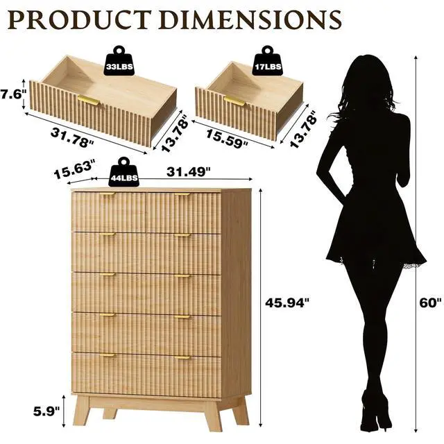 Alt view image 2 of 7 - 46" Tall Dresser for Bedroom, 6-Drawer Fluted Chest of Drawers, Modern Wood Highboy with Deep Storage, Metal Slides and Handles, Anti-Tip Kit, Vertical Clothes Organizer for Apartment, Nursery