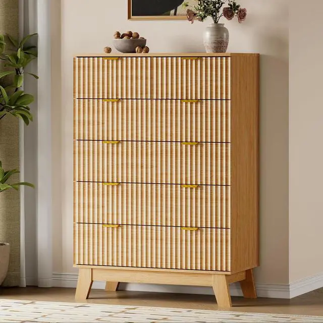 Alt view image 3 of 7 - 46" Tall Dresser for Bedroom, 6-Drawer Fluted Chest of Drawers, Modern Wood Highboy with Deep Storage, Metal Slides and Handles, Anti-Tip Kit, Vertical Clothes Organizer for Apartment, Nursery