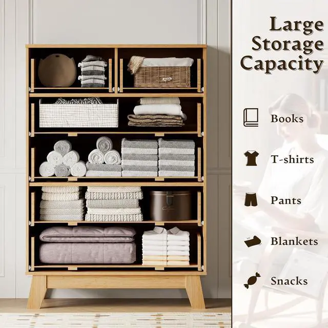 Alt view image 4 of 7 - 46" Tall Dresser for Bedroom, 6-Drawer Fluted Chest of Drawers, Modern Wood Highboy with Deep Storage, Metal Slides and Handles, Anti-Tip Kit, Vertical Clothes Organizer for Apartment, Nursery