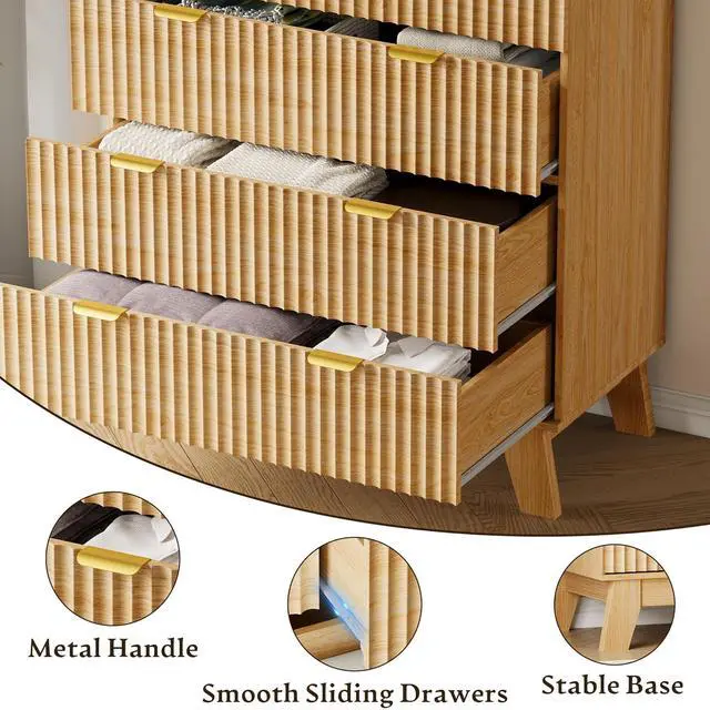 Alt view image 5 of 7 - 46" Tall Dresser for Bedroom, 6-Drawer Fluted Chest of Drawers, Modern Wood Highboy with Deep Storage, Metal Slides and Handles, Anti-Tip Kit, Vertical Clothes Organizer for Apartment, Nursery