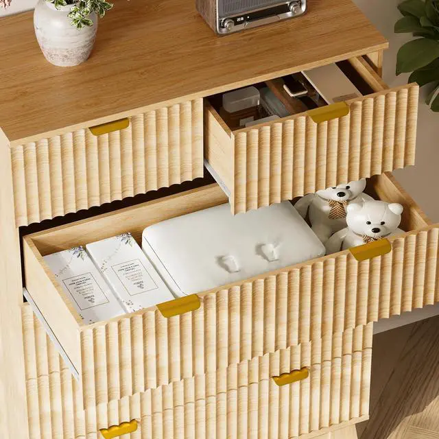 Alt view image 6 of 7 - 46" Tall Dresser for Bedroom, 6-Drawer Fluted Chest of Drawers, Modern Wood Highboy with Deep Storage, Metal Slides and Handles, Anti-Tip Kit, Vertical Clothes Organizer for Apartment, Nursery