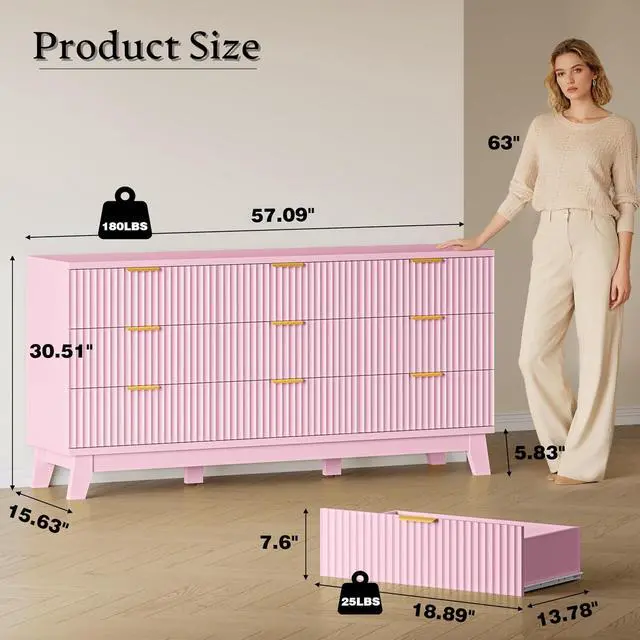 Alt view image 2 of 7 - Fluted 9 Drawer Dresser, 57.1" Wide Modern Boho Chest of Drawers, Wooden Storage Dresser TV Stand for Bedroom, Living Room, Closet, Hallway, Curved Profile Design