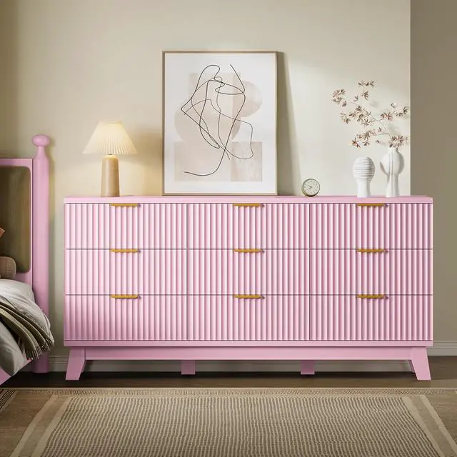Alt view image 3 of 7 - Fluted 9 Drawer Dresser, 57.1" Wide Modern Boho Chest of Drawers, Wooden Storage Dresser TV Stand for Bedroom, Living Room, Closet, Hallway, Curved Profile Design