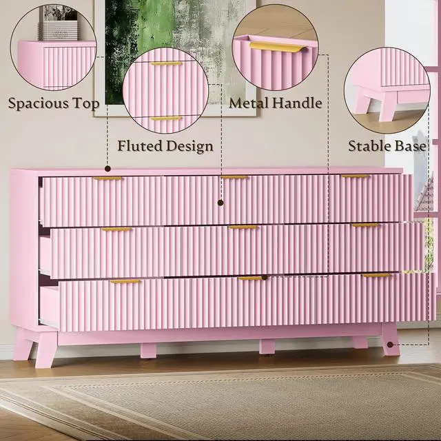 Alt view image 4 of 7 - Fluted 9 Drawer Dresser, 57.1" Wide Modern Boho Chest of Drawers, Wooden Storage Dresser TV Stand for Bedroom, Living Room, Closet, Hallway, Curved Profile Design