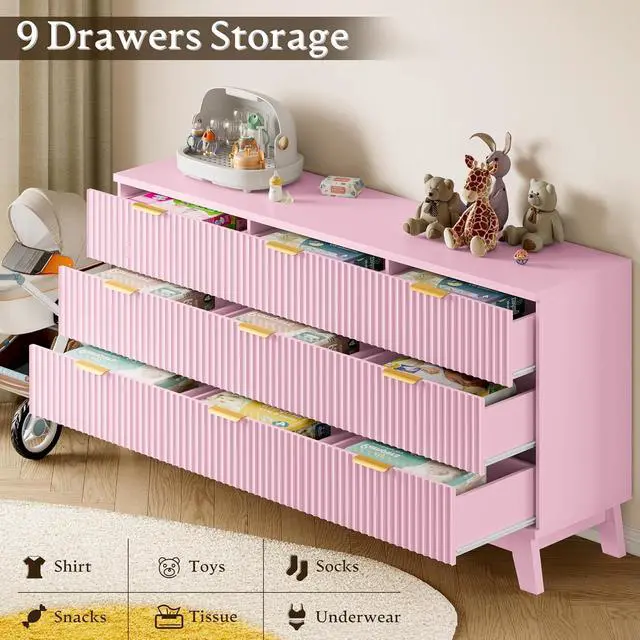 Alt view image 5 of 7 - Fluted 9 Drawer Dresser, 57.1" Wide Modern Boho Chest of Drawers, Wooden Storage Dresser TV Stand for Bedroom, Living Room, Closet, Hallway, Curved Profile Design