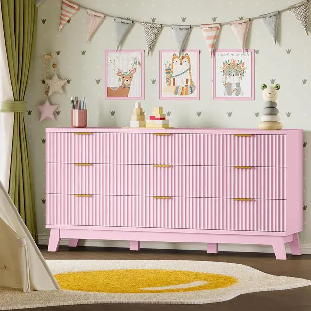 Alt view image 6 of 7 - Fluted 9 Drawer Dresser, 57.1" Wide Modern Boho Chest of Drawers, Wooden Storage Dresser TV Stand for Bedroom, Living Room, Closet, Hallway, Curved Profile Design