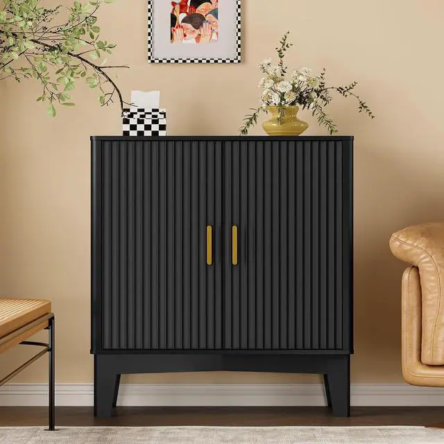 Main image of Storage Cabinet with Doors and Adjustable Shelf, Modern Fluted Sideboard Buffet Cabinet, Freestanding Coffee Bar for Kitchen, Pantry, Entryway, Living Room (Black)