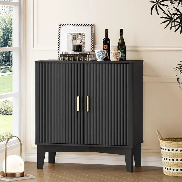 Alt view image 3 of 7 - Storage Cabinet with Doors and Adjustable Shelf, Modern Fluted Sideboard Buffet Cabinet, Freestanding Coffee Bar for Kitchen, Pantry, Entryway, Living Room (Black)