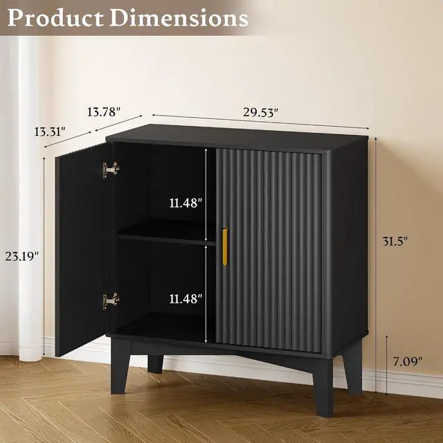 Alt view image 2 of 7 - Storage Cabinet with Doors and Adjustable Shelf, Modern Fluted Sideboard Buffet Cabinet, Freestanding Coffee Bar for Kitchen, Pantry, Entryway, Living Room (Black)