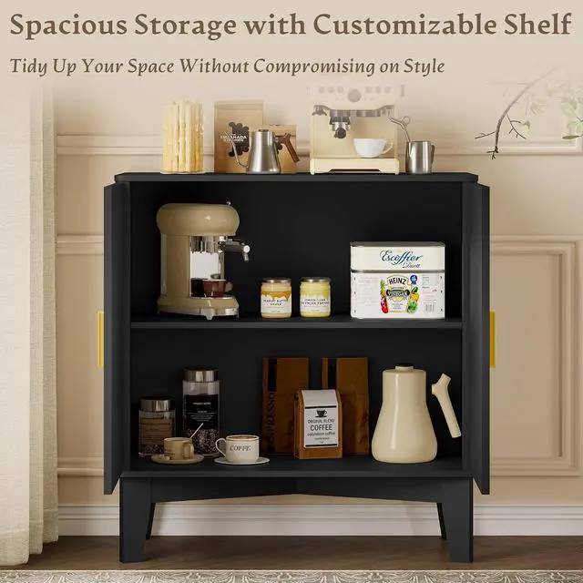 Alt view image 4 of 7 - Storage Cabinet with Doors and Adjustable Shelf, Modern Fluted Sideboard Buffet Cabinet, Freestanding Coffee Bar for Kitchen, Pantry, Entryway, Living Room (Black)