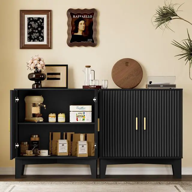 Alt view image 5 of 7 - Storage Cabinet with Doors and Adjustable Shelf, Modern Fluted Sideboard Buffet Cabinet, Freestanding Coffee Bar for Kitchen, Pantry, Entryway, Living Room (Black)