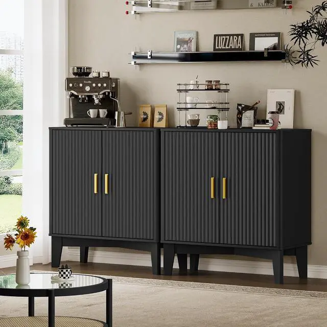 Alt view image 7 of 7 - Storage Cabinet with Doors and Adjustable Shelf, Modern Fluted Sideboard Buffet Cabinet, Freestanding Coffee Bar for Kitchen, Pantry, Entryway, Living Room (Black)