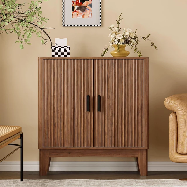 Main image of Storage Cabinet with Doors and Adjustable Shelf, Modern Fluted Sideboard Buffet Cabinet, Freestanding Coffee Bar for Kitchen, Pantry, Entryway, Living Room