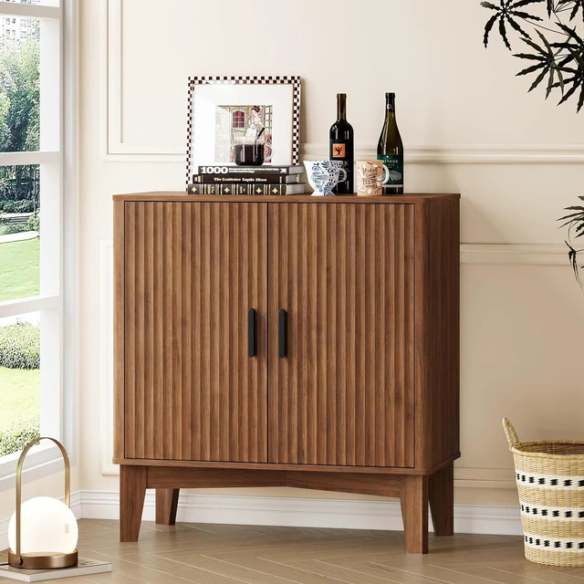 Alt view image 3 of 7 - Storage Cabinet with Doors and Adjustable Shelf, Modern Fluted Sideboard Buffet Cabinet, Freestanding Coffee Bar for Kitchen, Pantry, Entryway, Living Room