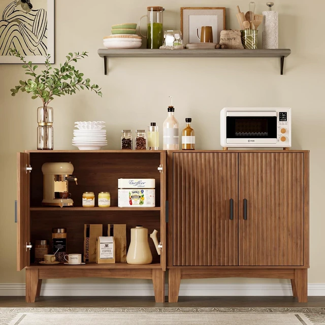 Alt view image 5 of 7 - Storage Cabinet with Doors and Adjustable Shelf, Modern Fluted Sideboard Buffet Cabinet, Freestanding Coffee Bar for Kitchen, Pantry, Entryway, Living Room