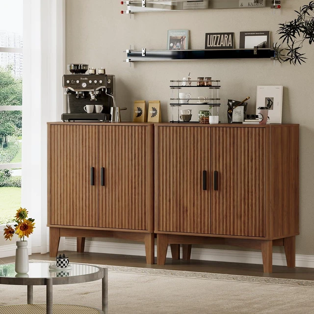 Alt view image 7 of 7 - Storage Cabinet with Doors and Adjustable Shelf, Modern Fluted Sideboard Buffet Cabinet, Freestanding Coffee Bar for Kitchen, Pantry, Entryway, Living Room