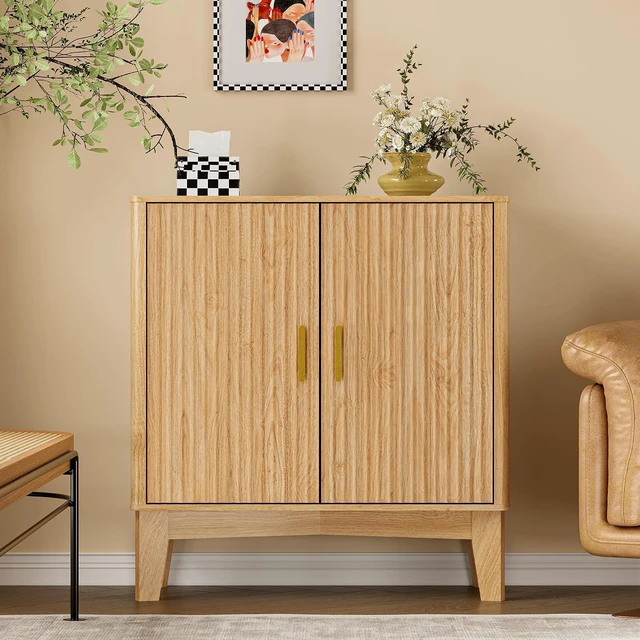 Main image of Storage Cabinet with Doors and Adjustable Shelf, Modern Fluted Sideboard Buffet Cabinet, Freestanding Coffee Bar for Kitchen, Pantry, Entryway, Living Room (Natural Oak)