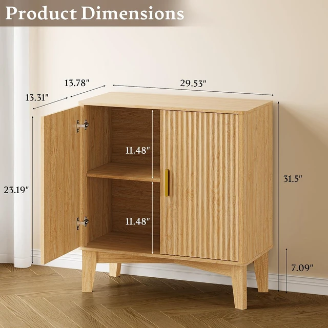 Alt view image 2 of 7 - Storage Cabinet with Doors and Adjustable Shelf, Modern Fluted Sideboard Buffet Cabinet, Freestanding Coffee Bar for Kitchen, Pantry, Entryway, Living Room (Natural Oak)