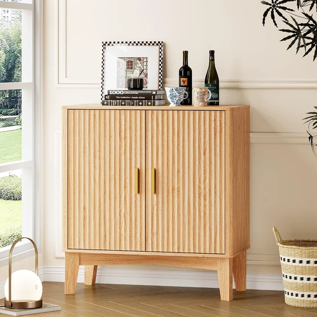 Alt view image 3 of 7 - Storage Cabinet with Doors and Adjustable Shelf, Modern Fluted Sideboard Buffet Cabinet, Freestanding Coffee Bar for Kitchen, Pantry, Entryway, Living Room (Natural Oak)