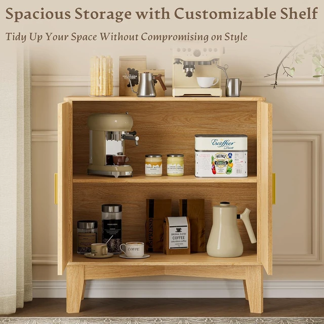 Alt view image 4 of 7 - Storage Cabinet with Doors and Adjustable Shelf, Modern Fluted Sideboard Buffet Cabinet, Freestanding Coffee Bar for Kitchen, Pantry, Entryway, Living Room (Natural Oak)