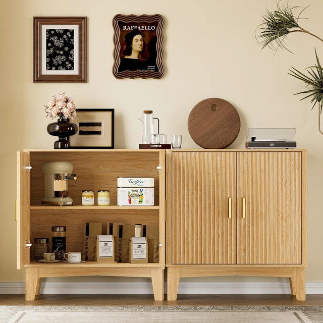 Alt view image 5 of 7 - Storage Cabinet with Doors and Adjustable Shelf, Modern Fluted Sideboard Buffet Cabinet, Freestanding Coffee Bar for Kitchen, Pantry, Entryway, Living Room (Natural Oak)