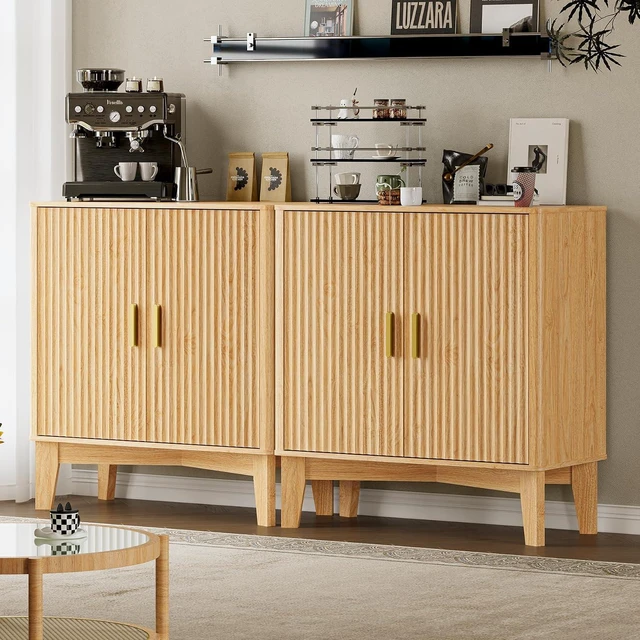 Alt view image 7 of 7 - Storage Cabinet with Doors and Adjustable Shelf, Modern Fluted Sideboard Buffet Cabinet, Freestanding Coffee Bar for Kitchen, Pantry, Entryway, Living Room (Natural Oak)