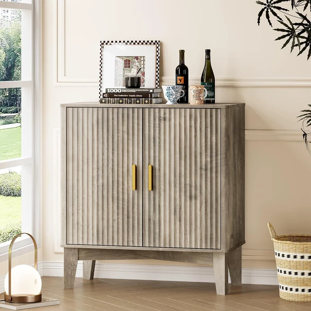 Alt view image 3 of 7 - Storage Cabinet with Doors and Adjustable Shelf, Modern Fluted Sideboard Buffet Cabinet, Freestanding Coffee Bar for Kitchen, Pantry, Entryway, Living Room (Weathered Gray)