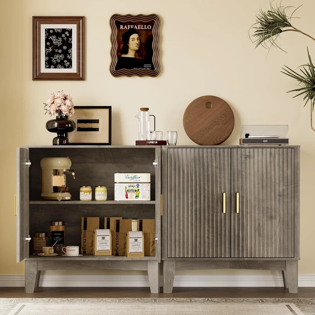 Alt view image 5 of 7 - Storage Cabinet with Doors and Adjustable Shelf, Modern Fluted Sideboard Buffet Cabinet, Freestanding Coffee Bar for Kitchen, Pantry, Entryway, Living Room (Weathered Gray)