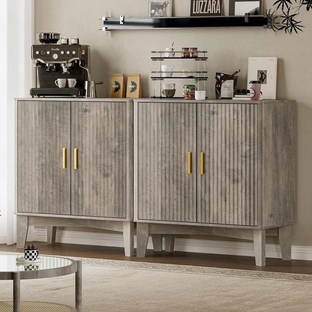 Alt view image 7 of 7 - Storage Cabinet with Doors and Adjustable Shelf, Modern Fluted Sideboard Buffet Cabinet, Freestanding Coffee Bar for Kitchen, Pantry, Entryway, Living Room (Weathered Gray)