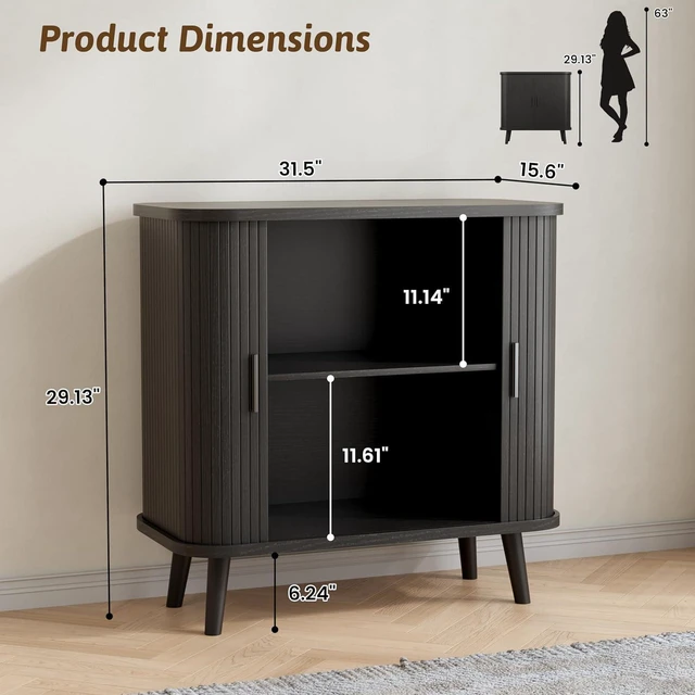 Alt view image 2 of 7 - Buffet Cabinet with Storage, Curved-Edge Fluted Storage Cabinet Sideboard, Modern Black Sideboard Buffet with Adjustable Shelves & Sliding Door for Dining Room, Kitchen, Entryway