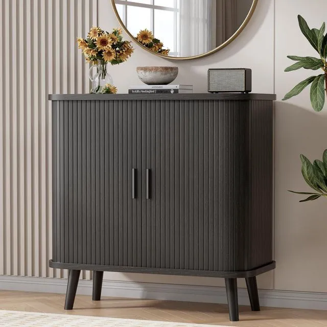 Main image of Buffet Cabinet with Storage, Curved-Edge Fluted Storage Cabinet Sideboard, Modern Black Sideboard Buffet with Adjustable Shelves & Sliding Door for Dining Room, Kitchen, Entryway