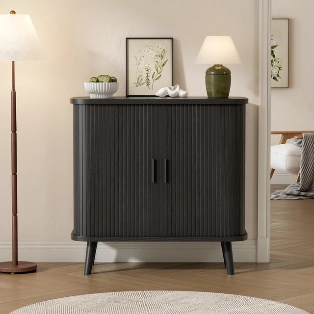 Alt view image 3 of 7 - Buffet Cabinet with Storage, Curved-Edge Fluted Storage Cabinet Sideboard, Modern Black Sideboard Buffet with Adjustable Shelves & Sliding Door for Dining Room, Kitchen, Entryway