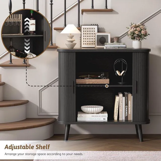 Alt view image 4 of 7 - Buffet Cabinet with Storage, Curved-Edge Fluted Storage Cabinet Sideboard, Modern Black Sideboard Buffet with Adjustable Shelves & Sliding Door for Dining Room, Kitchen, Entryway