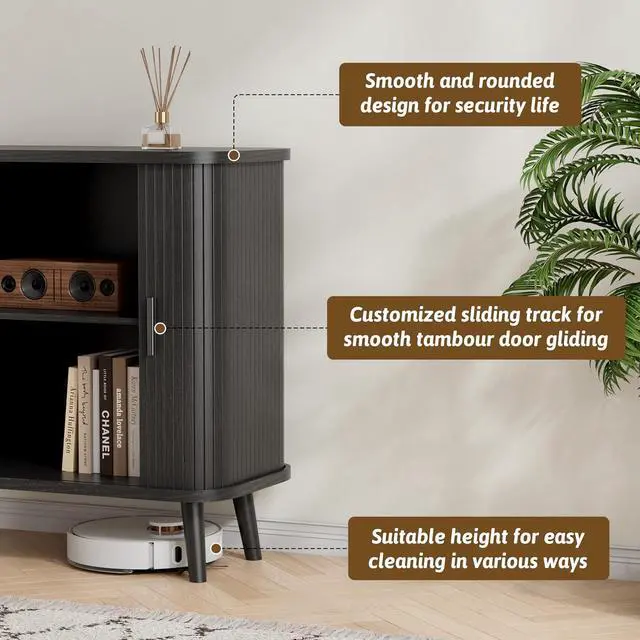 Alt view image 5 of 7 - Buffet Cabinet with Storage, Curved-Edge Fluted Storage Cabinet Sideboard, Modern Black Sideboard Buffet with Adjustable Shelves & Sliding Door for Dining Room, Kitchen, Entryway