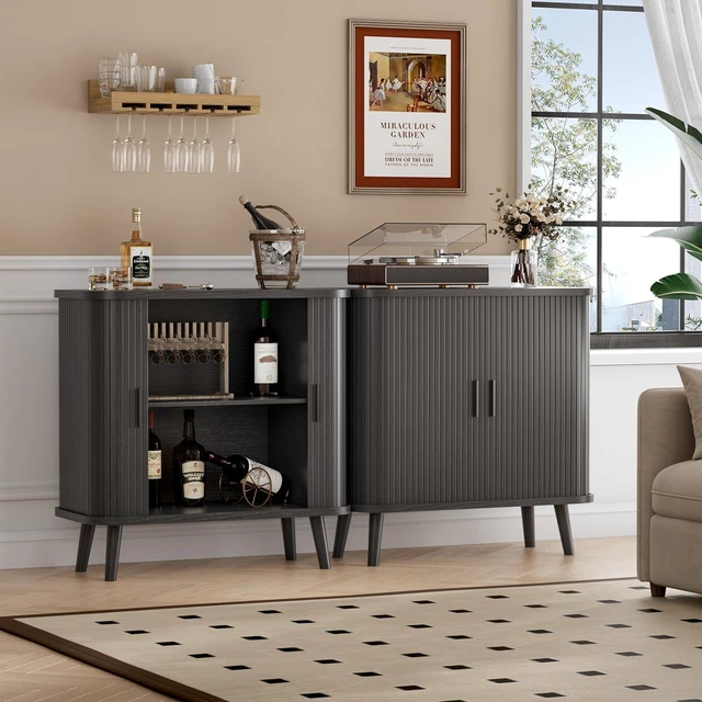 Alt view image 6 of 7 - Buffet Cabinet with Storage, Curved-Edge Fluted Storage Cabinet Sideboard, Modern Black Sideboard Buffet with Adjustable Shelves & Sliding Door for Dining Room, Kitchen, Entryway