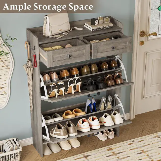 Alt view image 3 of 7 - Shoe Storage Cabinet for Entryway, Farmhouse Narrow Shoe Cabinet with 2 Flip Drawers & Top Drawers, Adjustable Shelves & Hooks, Freestanding Hidden Rack Organizer for Hallway, Foyer