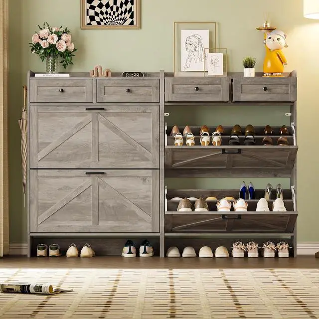 Alt view image 4 of 7 - Shoe Storage Cabinet for Entryway, Farmhouse Narrow Shoe Cabinet with 2 Flip Drawers & Top Drawers, Adjustable Shelves & Hooks, Freestanding Hidden Rack Organizer for Hallway, Foyer