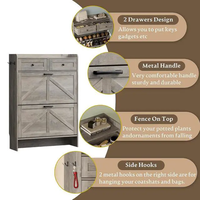 Alt view image 5 of 7 - Shoe Storage Cabinet for Entryway, Farmhouse Narrow Shoe Cabinet with 2 Flip Drawers & Top Drawers, Adjustable Shelves & Hooks, Freestanding Hidden Rack Organizer for Hallway, Foyer