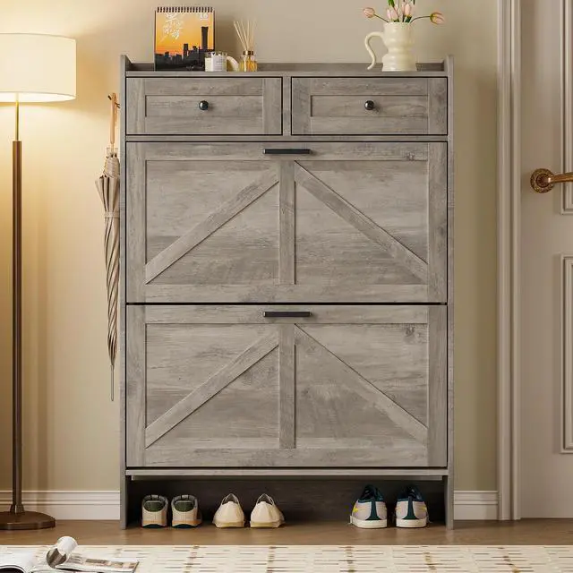 Alt view image 6 of 7 - Shoe Storage Cabinet for Entryway, Farmhouse Narrow Shoe Cabinet with 2 Flip Drawers & Top Drawers, Adjustable Shelves & Hooks, Freestanding Hidden Rack Organizer for Hallway, Foyer