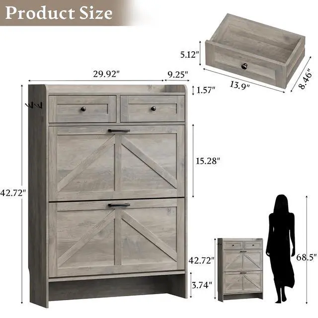 Alt view image 2 of 7 - Shoe Storage Cabinet for Entryway, Farmhouse Narrow Shoe Cabinet with 2 Flip Drawers & Top Drawers, Adjustable Shelves & Hooks, Freestanding Hidden Rack Organizer for Hallway, Foyer